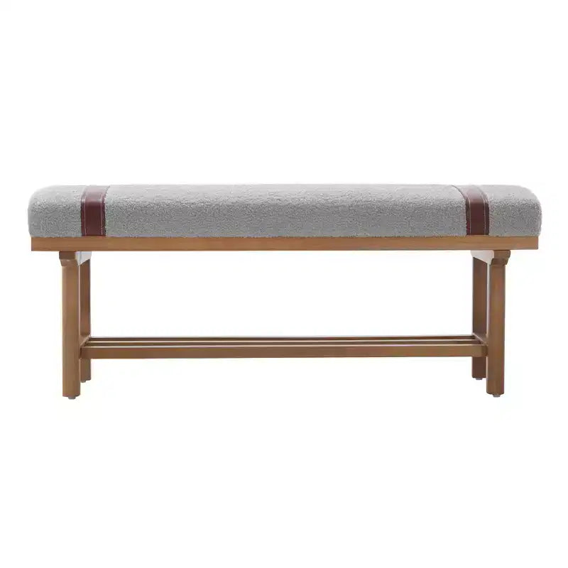 44" Teddy Fleece Upholstered Bench, Solid Rubberwood Frame, Mid-Century Modern with PU Straps