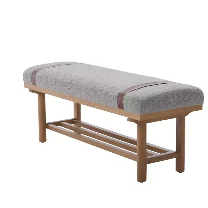 44" Teddy Fleece Upholstered Bench, Solid Rubberwood Frame, Mid-Century Modern with PU Straps