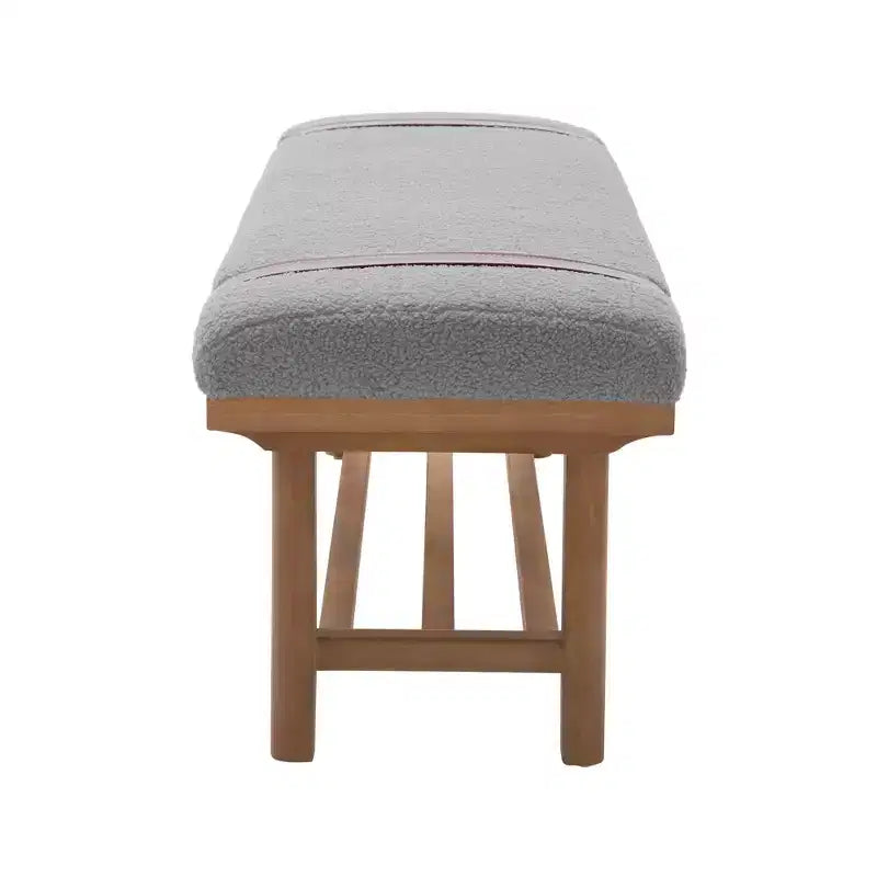 44" Teddy Fleece Upholstered Bench, Solid Rubberwood Frame, Mid-Century Modern with PU Straps