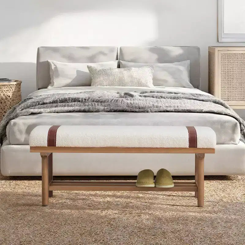 44" Teddy Fleece Upholstered Bench, Solid Rubberwood Frame, Mid-Century Modern with PU Straps