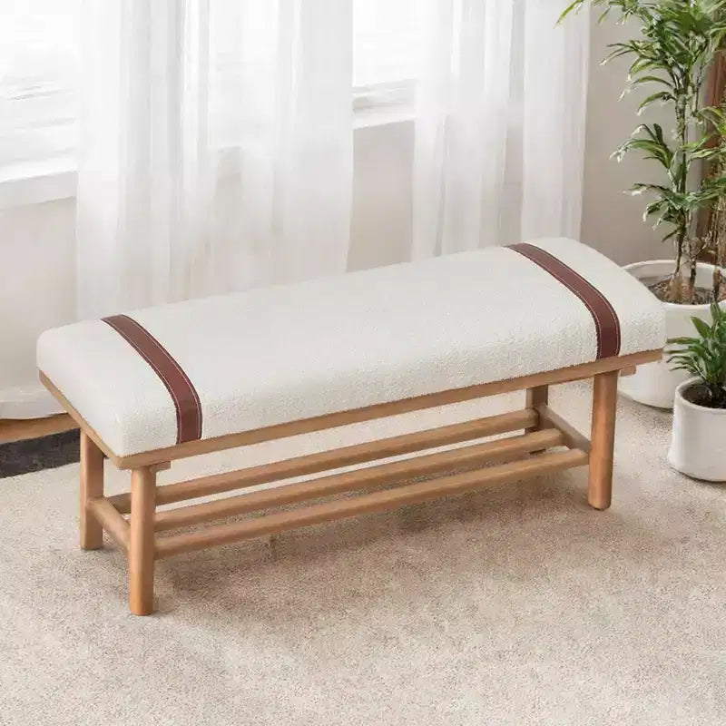 44" Teddy Fleece Upholstered Bench, Solid Rubberwood Frame, Mid-Century Modern with PU Straps