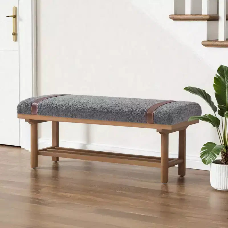 44" Teddy Fleece Upholstered Bench, Solid Rubberwood Frame, Mid-Century Modern with PU Straps