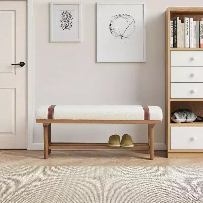 44" Teddy Fleece Upholstered Bench, Solid Rubberwood Frame, Mid-Century Modern with PU Straps