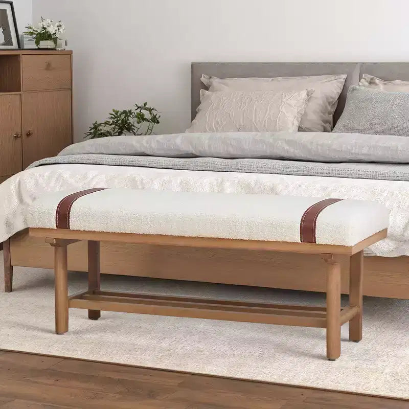 44" Teddy Fleece Upholstered Bench, Solid Rubberwood Frame, Mid-Century Modern with PU Straps
