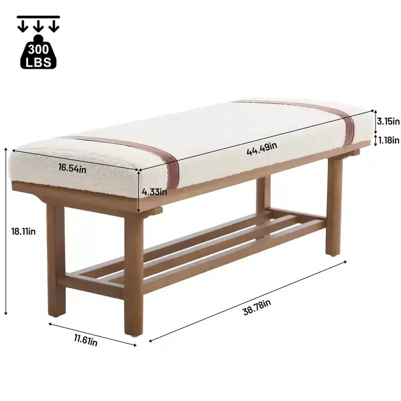 44" Teddy Fleece Upholstered Bench, Solid Rubberwood Frame, Mid-Century Modern with PU Straps
