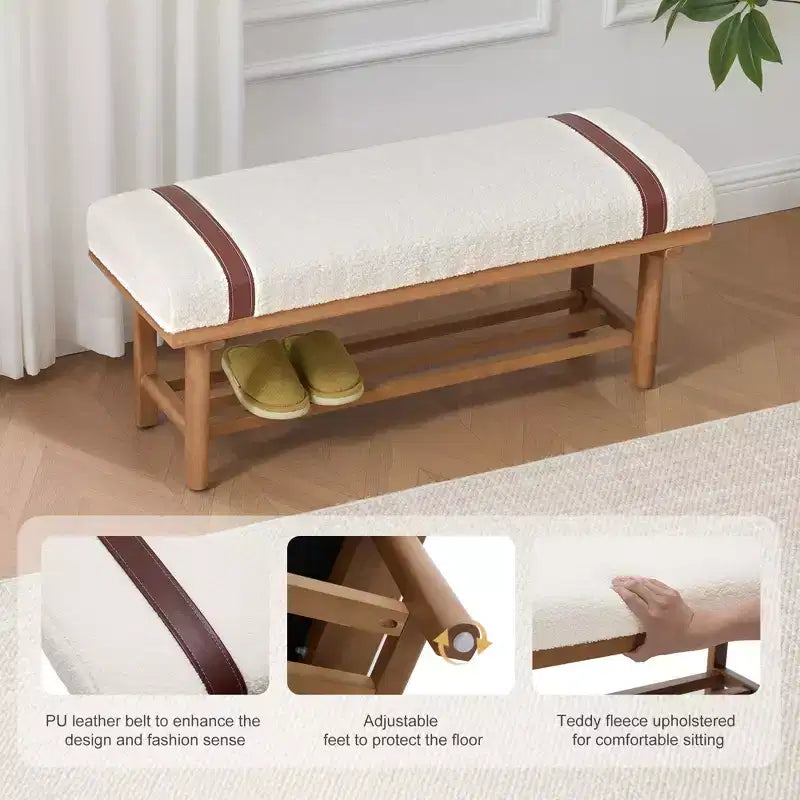 44" Teddy Fleece Upholstered Bench, Solid Rubberwood Frame, Mid-Century Modern with PU Straps