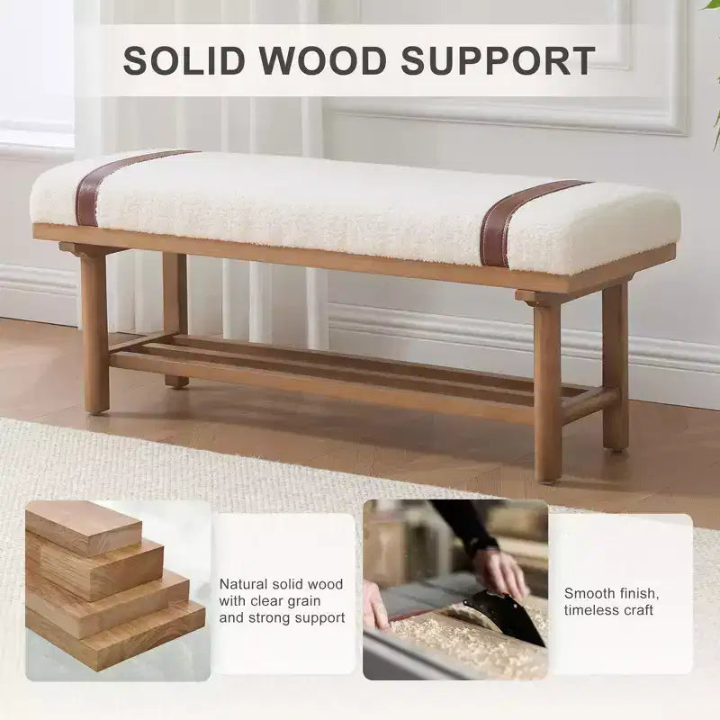 44" Teddy Fleece Upholstered Bench, Solid Rubberwood Frame, Mid-Century Modern with PU Straps