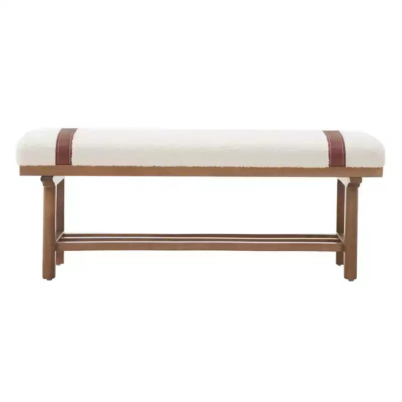 44" Teddy Fleece Upholstered Bench, Solid Rubberwood Frame, Mid-Century Modern with PU Straps