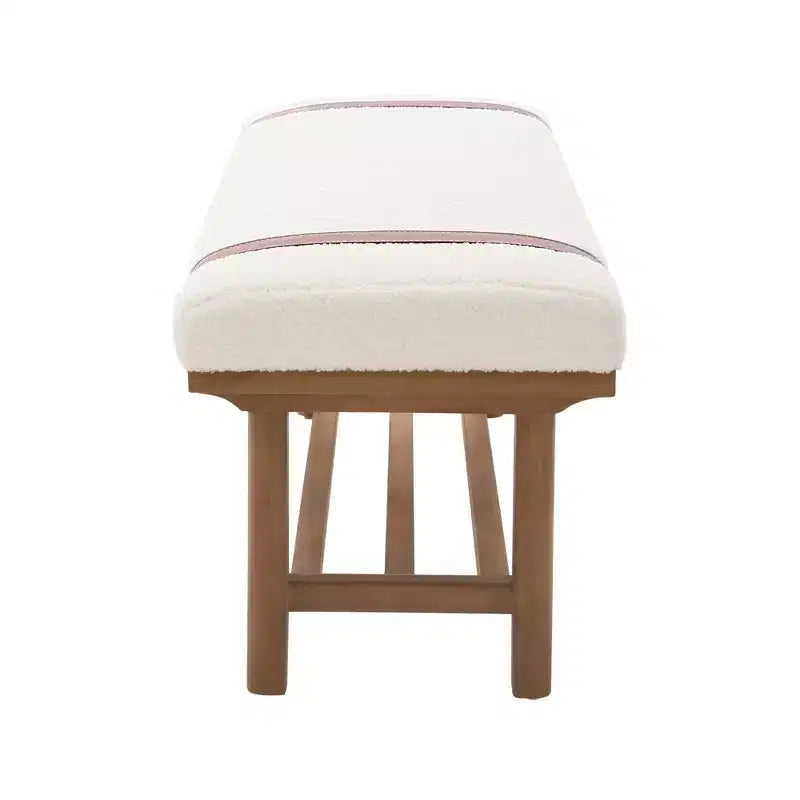 44" Teddy Fleece Upholstered Bench, Solid Rubberwood Frame, Mid-Century Modern with PU Straps