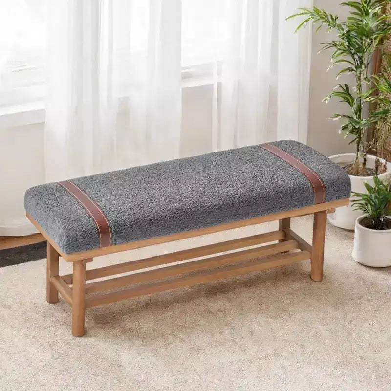 44" Teddy Fleece Upholstered Bench, Solid Rubberwood Frame, Mid-Century Modern with PU Straps