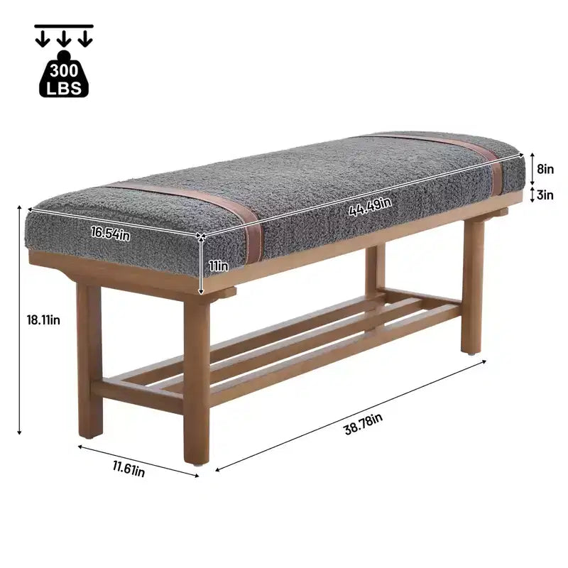 44" Teddy Fleece Upholstered Bench, Solid Rubberwood Frame, Mid-Century Modern with PU Straps