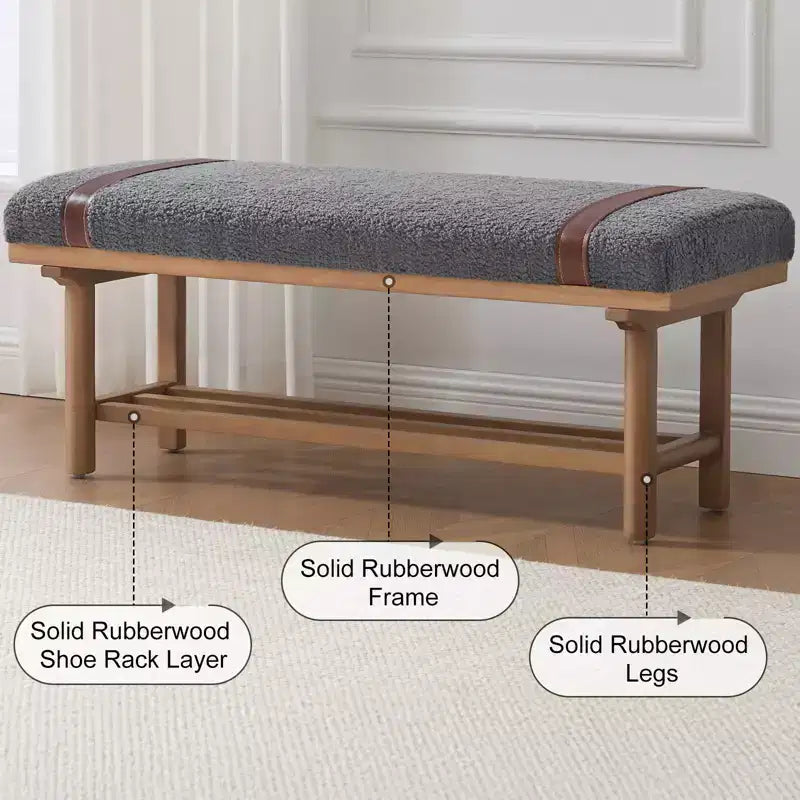 44" Teddy Fleece Upholstered Bench, Solid Rubberwood Frame, Mid-Century Modern with PU Straps