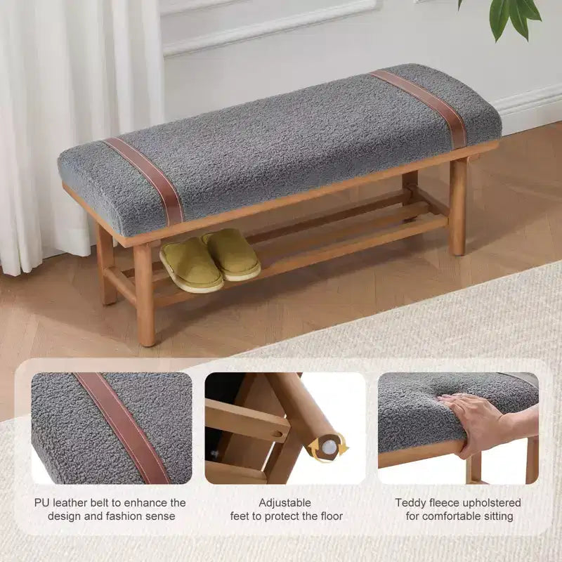 44" Teddy Fleece Upholstered Bench, Solid Rubberwood Frame, Mid-Century Modern with PU Straps