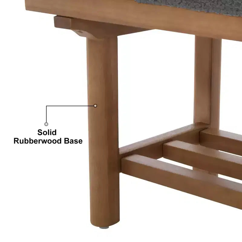 44" Teddy Fleece Upholstered Bench, Solid Rubberwood Frame, Mid-Century Modern with PU Straps