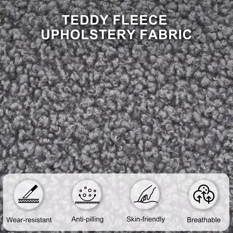 44" Teddy Fleece Upholstered Bench, Solid Rubberwood Frame, Mid-Century Modern with PU Straps