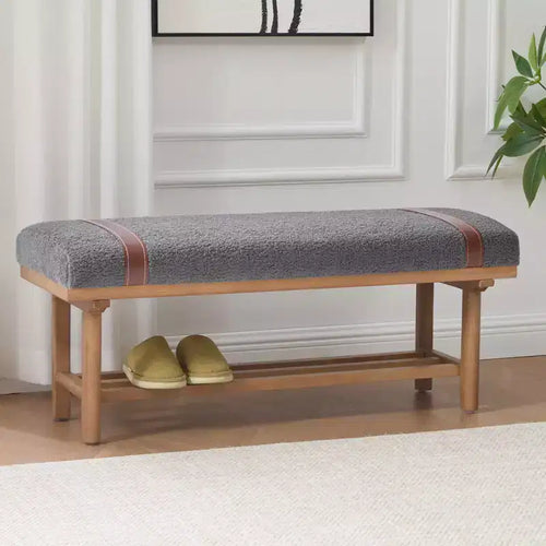 Bekrvio 44-Inch Teddy Fleece Upholstered Bench  Solid Wood Frame,Mid Century Modern Bench with PU Straps for Living Room, Bedroom