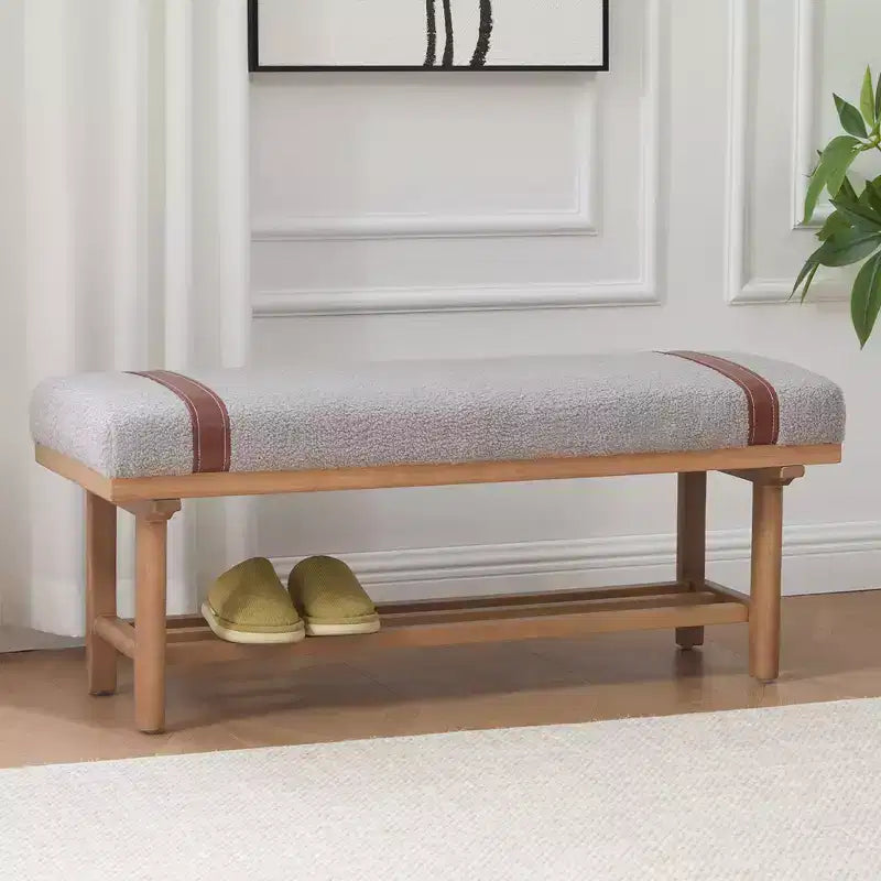 44" Teddy Fleece Upholstered Bench, Solid Rubberwood Frame, Mid-Century Modern with PU Straps