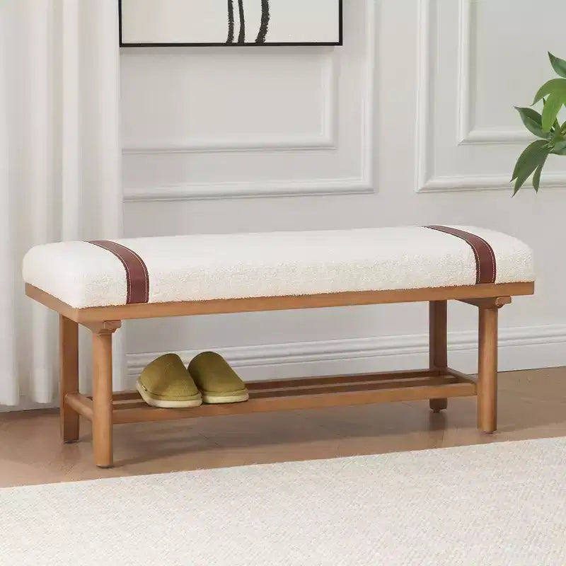 44" Teddy Fleece Upholstered Bench, Solid Rubberwood Frame, Mid-Century Modern with PU Straps