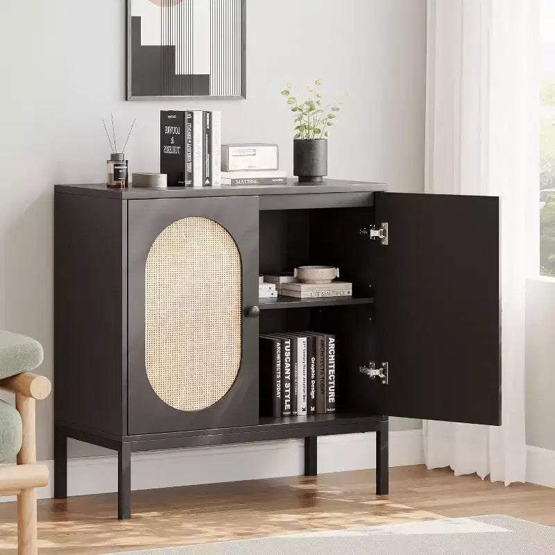 Rattan Buffet Cabinet with Adjustable Shelf, Farmhouse Boho Sideboard for Dining Room, Entryway & Living Room Storage