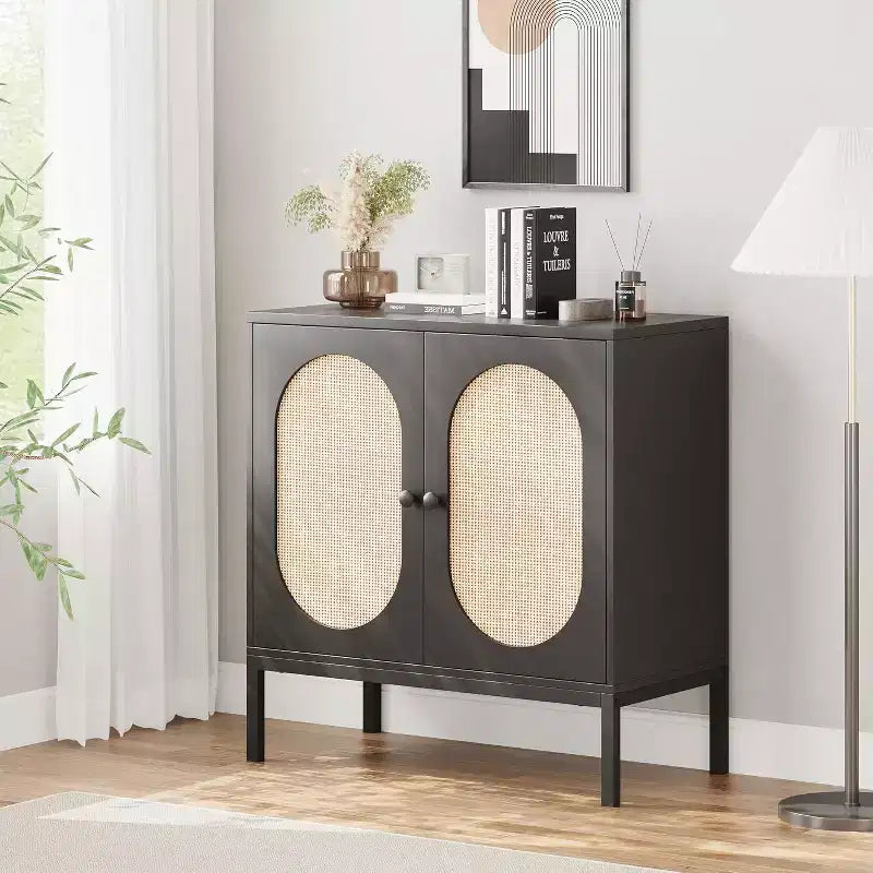 Rattan Buffet Cabinet with Adjustable Shelf, Farmhouse Boho Sideboard for Dining Room, Entryway & Living Room Storage