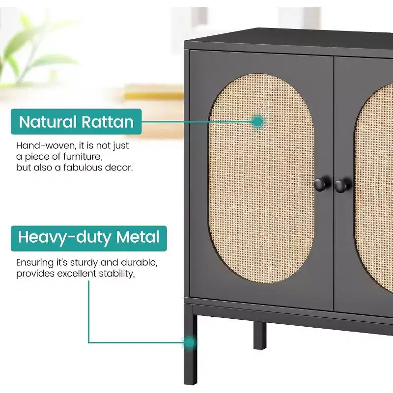 Rattan Buffet Cabinet with Adjustable Shelf, Farmhouse Boho Sideboard for Dining Room, Entryway & Living Room Storage