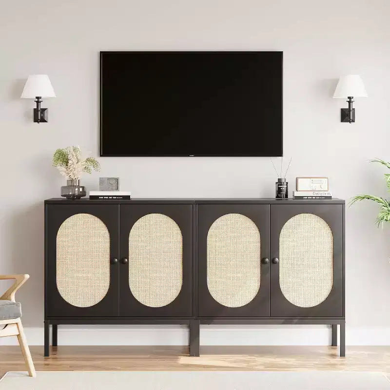 Rattan Buffet Cabinet with Adjustable Shelf, Farmhouse Boho Sideboard for Dining Room, Entryway & Living Room Storage