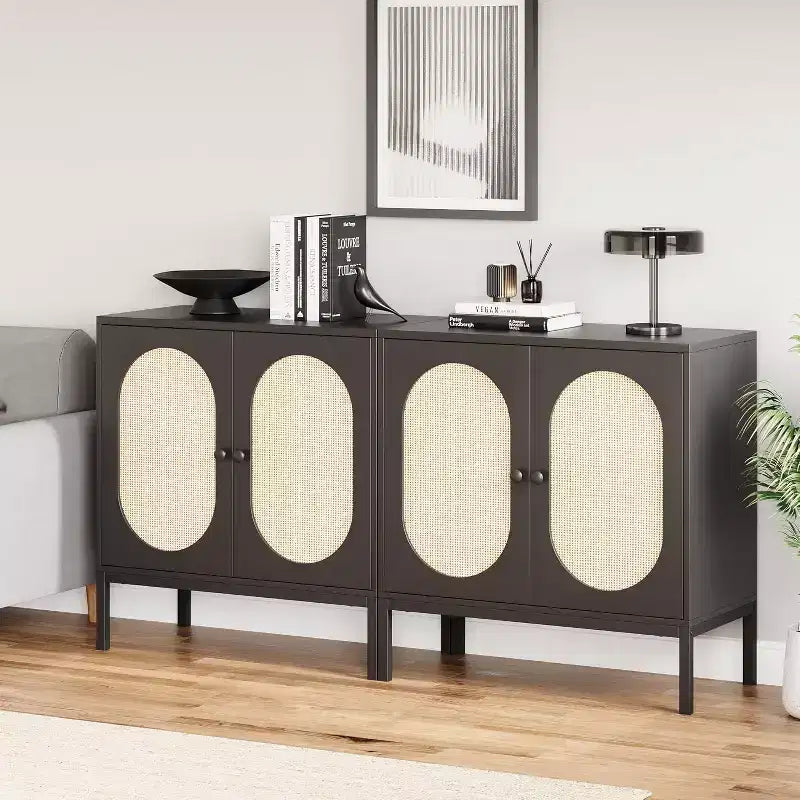 Rattan Buffet Cabinet with Adjustable Shelf, Farmhouse Boho Sideboard for Dining Room, Entryway & Living Room Storage