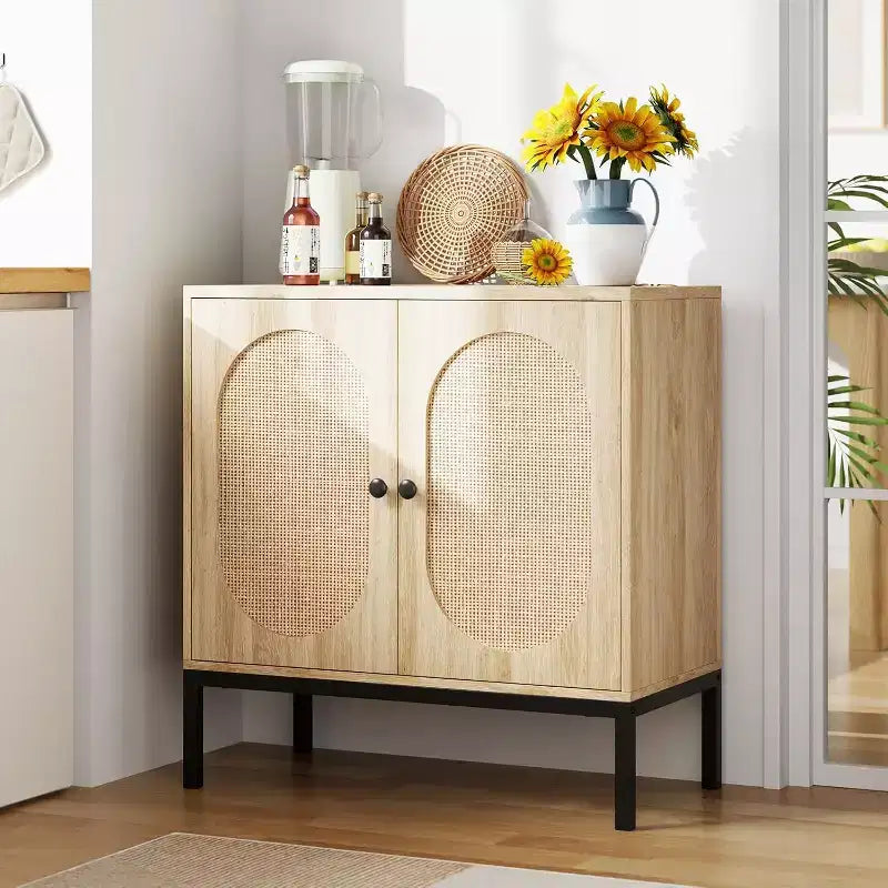 Rattan Buffet Cabinet with Adjustable Shelf, Farmhouse Boho Sideboard for Dining Room, Entryway & Living Room Storage