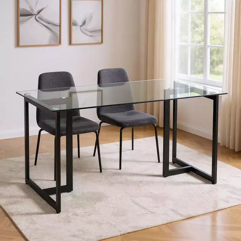 55" Rectangular Clear Glass & Black Metal Dining Table, Seats 6, Modern Geometric Base