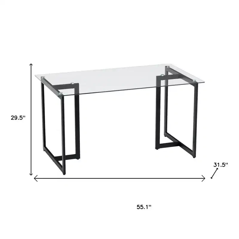 55" Rectangular Clear Glass & Black Metal Dining Table, Seats 6, Modern Geometric Base