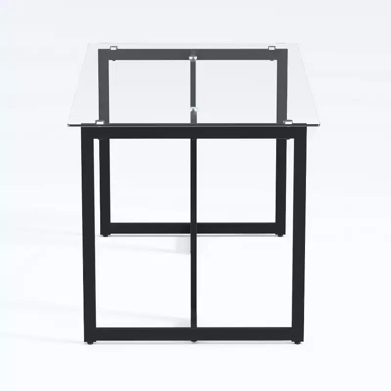 55" Rectangular Clear Glass & Black Metal Dining Table, Seats 6, Modern Geometric Base
