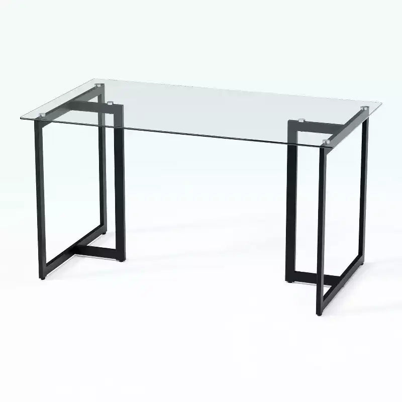 55" Rectangular Clear Glass & Black Metal Dining Table, Seats 6, Modern Geometric Base