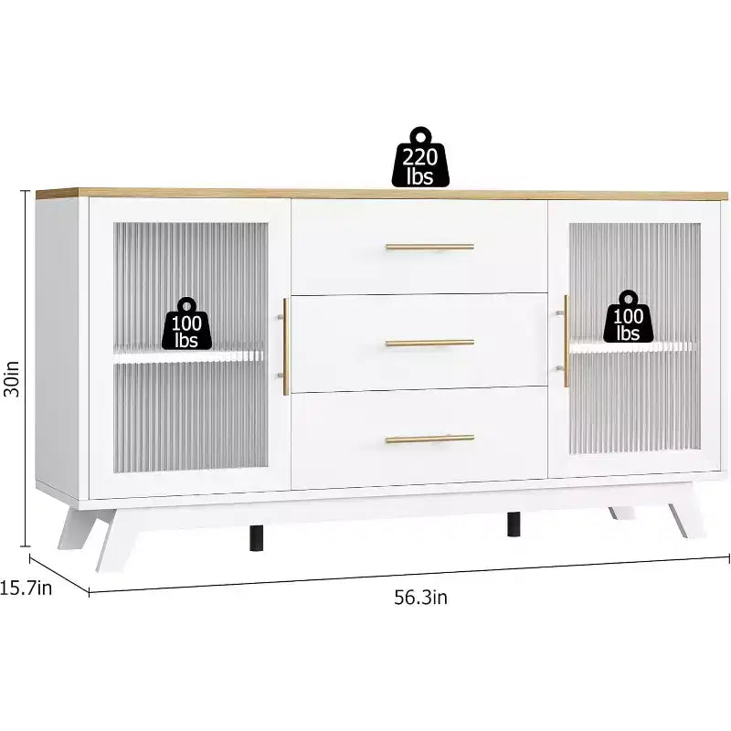 Modern Sideboard Buffet Cabinet with Fluted Glass Doors, 3 Drawers & Adjustable Shelf