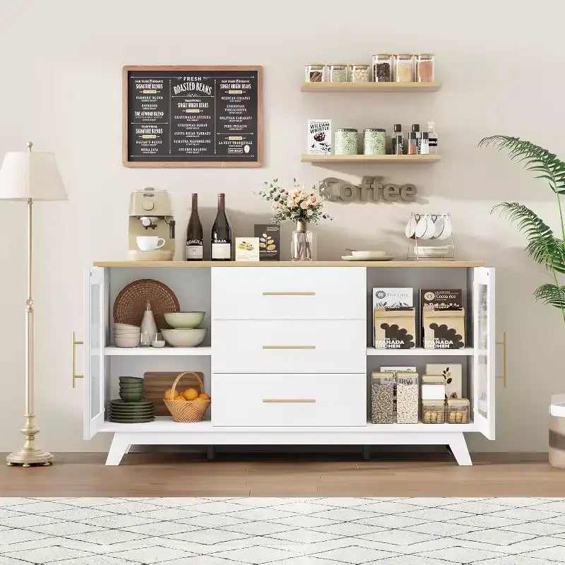 Modern Sideboard Buffet Cabinet with Fluted Glass Doors, 3 Drawers & Adjustable Shelf