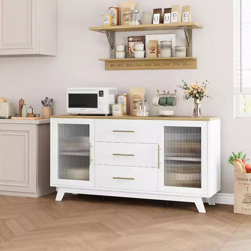 Modern Sideboard Buffet Cabinet with Fluted Glass Doors, 3 Drawers & Adjustable Shelf
