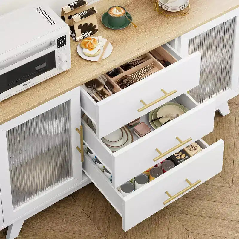Modern Sideboard Buffet Cabinet with Fluted Glass Doors, 3 Drawers & Adjustable Shelf