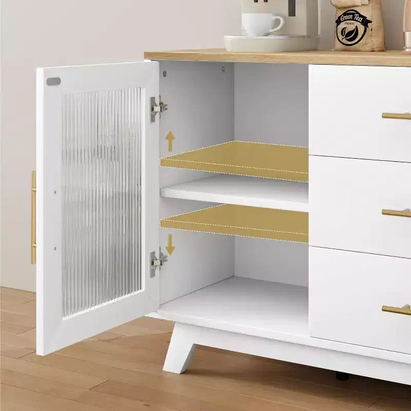 Modern Sideboard Buffet Cabinet with Fluted Glass Doors, 3 Drawers & Adjustable Shelf