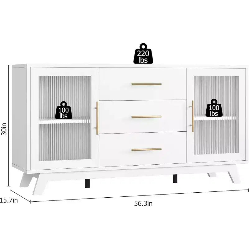 Modern Sideboard Buffet Cabinet with Fluted Glass Doors, 3 Drawers & Adjustable Shelf