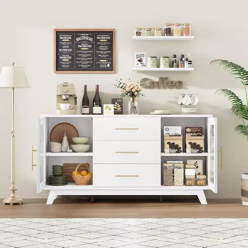 Modern Sideboard Buffet Cabinet with Fluted Glass Doors, 3 Drawers & Adjustable Shelf