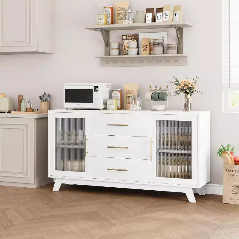 Modern Sideboard Buffet Cabinet with Fluted Glass Doors, 3 Drawers & Adjustable Shelf