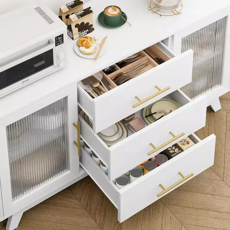 Modern Sideboard Buffet Cabinet with Fluted Glass Doors, 3 Drawers & Adjustable Shelf