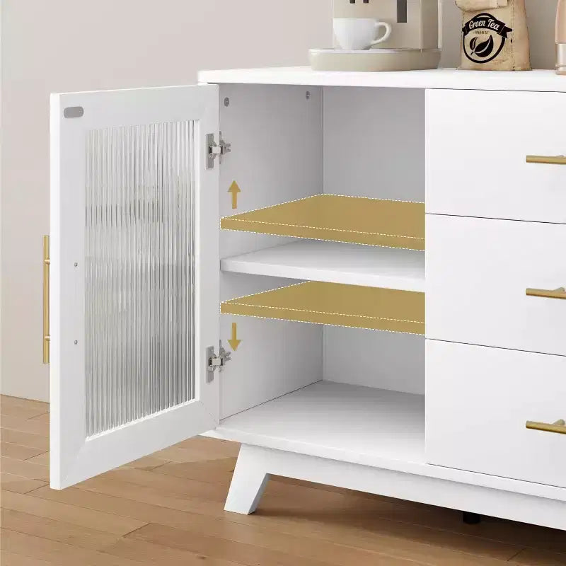 Modern Sideboard Buffet Cabinet with Fluted Glass Doors, 3 Drawers & Adjustable Shelf