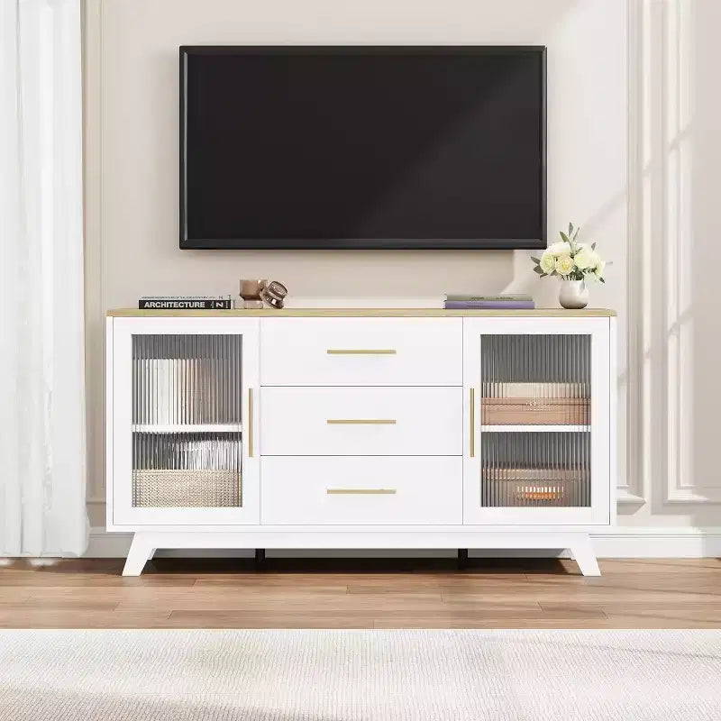 Modern Sideboard Buffet Cabinet with Fluted Glass Doors, 3 Drawers & Adjustable Shelf