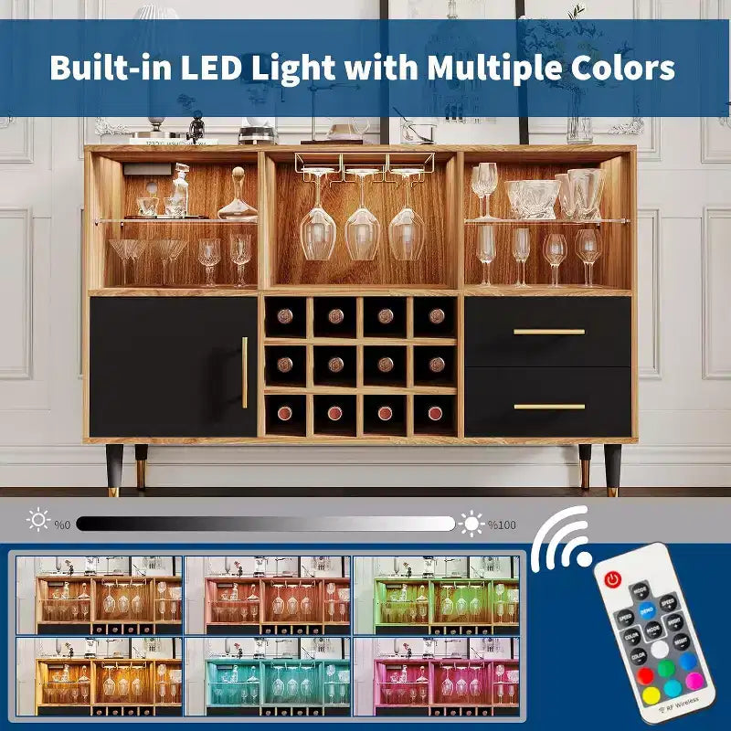 47" Wine Bar Cabinet with LED Lights & Charging Station, Modern Home Bar with Wine Rack & Storage