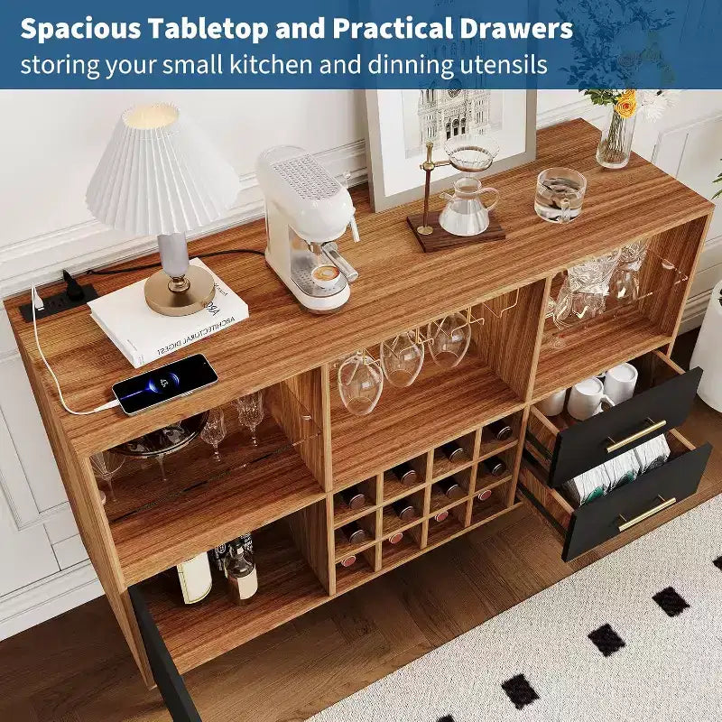 47" Wine Bar Cabinet with LED Lights & Charging Station, Modern Home Bar with Wine Rack & Storage