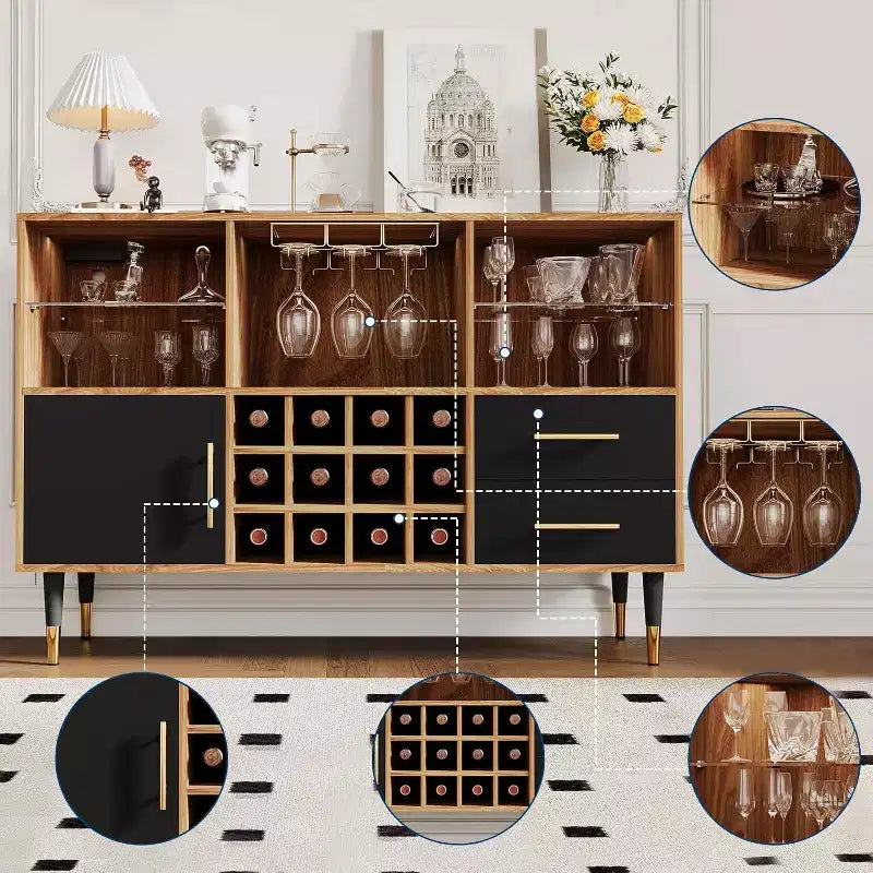 47" Wine Bar Cabinet with LED Lights & Charging Station, Modern Home Bar with Wine Rack & Storage