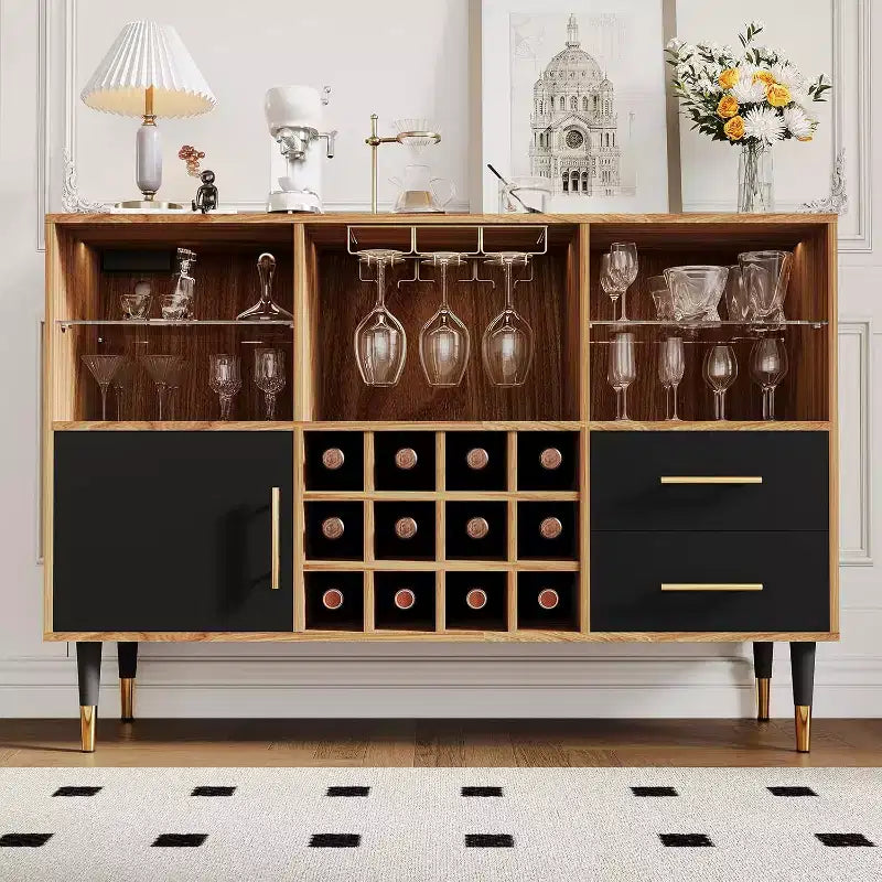 47" Wine Bar Cabinet with LED Lights & Charging Station, Modern Home Bar with Wine Rack & Storage