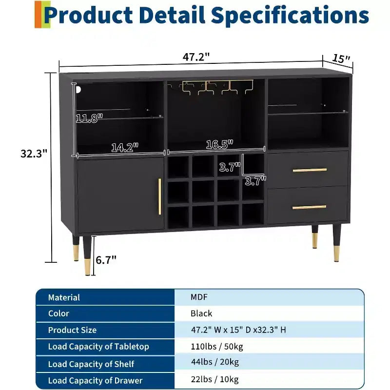 47" Wine Bar Cabinet with LED Lights & Charging Station, Modern Home Bar with Wine Rack & Storage