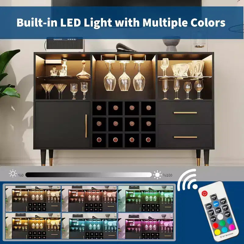 47" Wine Bar Cabinet with LED Lights & Charging Station, Modern Home Bar with Wine Rack & Storage