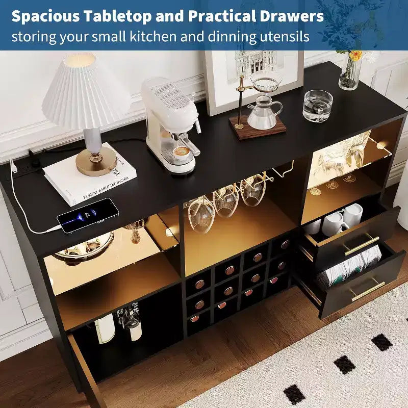 47" Wine Bar Cabinet with LED Lights & Charging Station, Modern Home Bar with Wine Rack & Storage